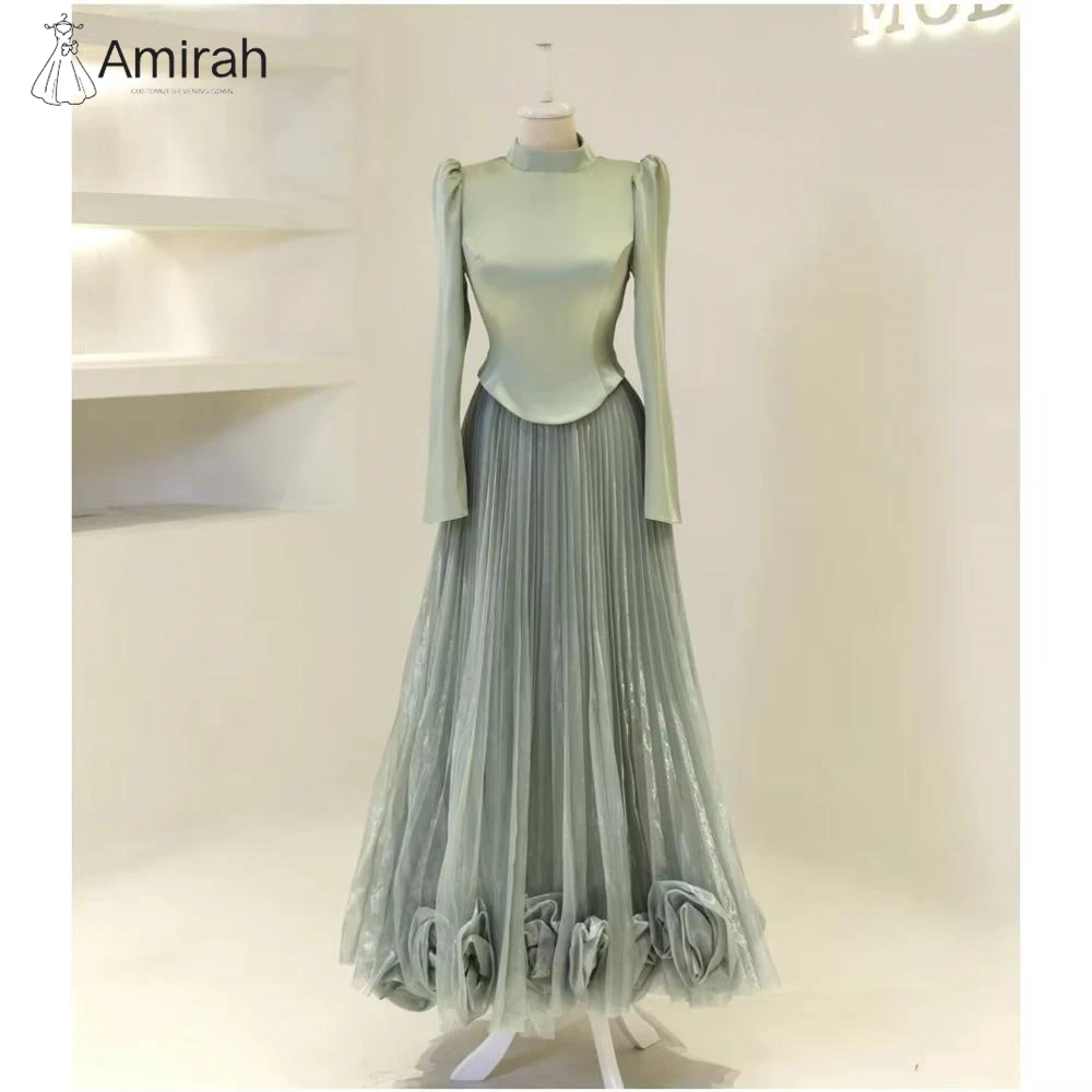 

Amirah Prom Dresses Luxury Women's Elegant Party Dress A Line Tulle Custom Made Chic Evening Dress Woman Long Sleeves Flowers