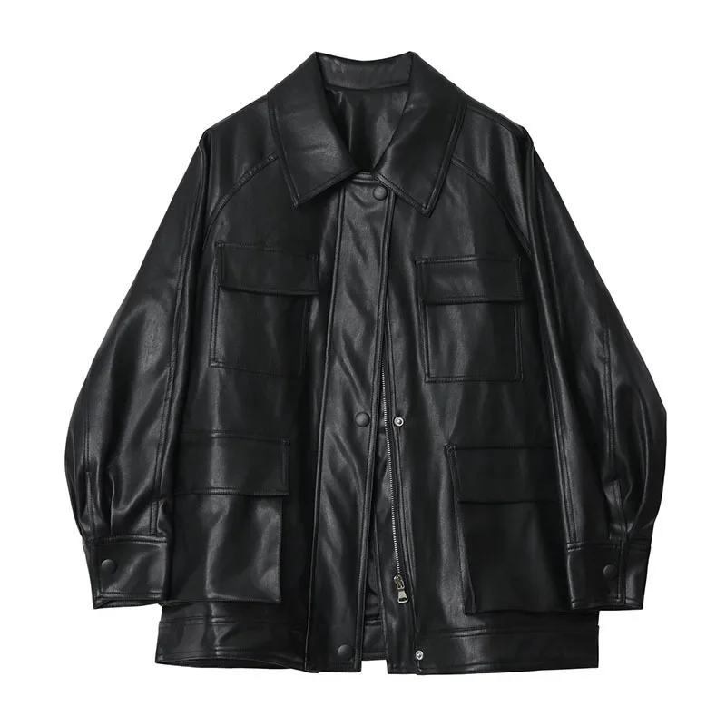 Mid-length Loose Vintage Black Big Pocket Faux Leather Coat With Belt Spring Autumn 2025 Women Casual Biker Jacket Veste Femme