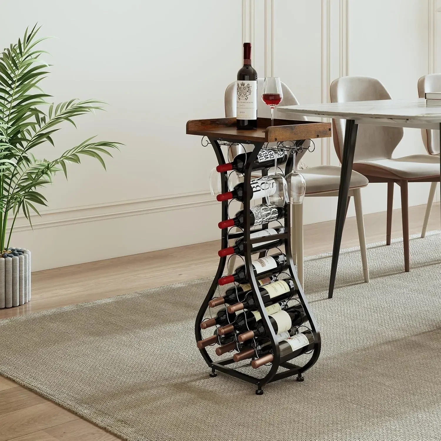 X-cosrack Wine Rack Freestanding Floor, Mini Bar Table Wine Holder Stand Liquor Cabinet with Glass Holder Wood Tabletop