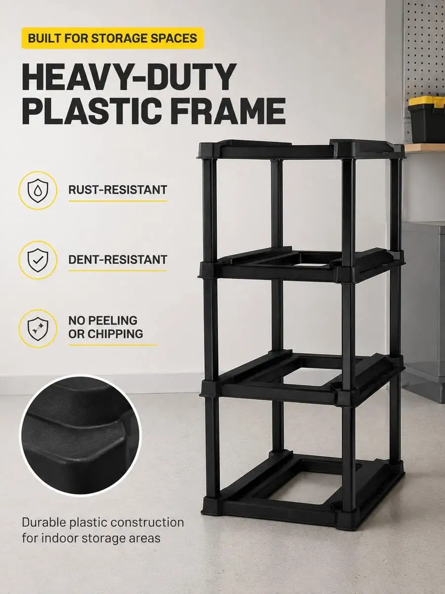 4-Tier Heavy Duty Plastic Tote Rack For Four 27-Gallon Storage Bins, Vertical Front-Access Garage Organizer With Deep Slide Rail
