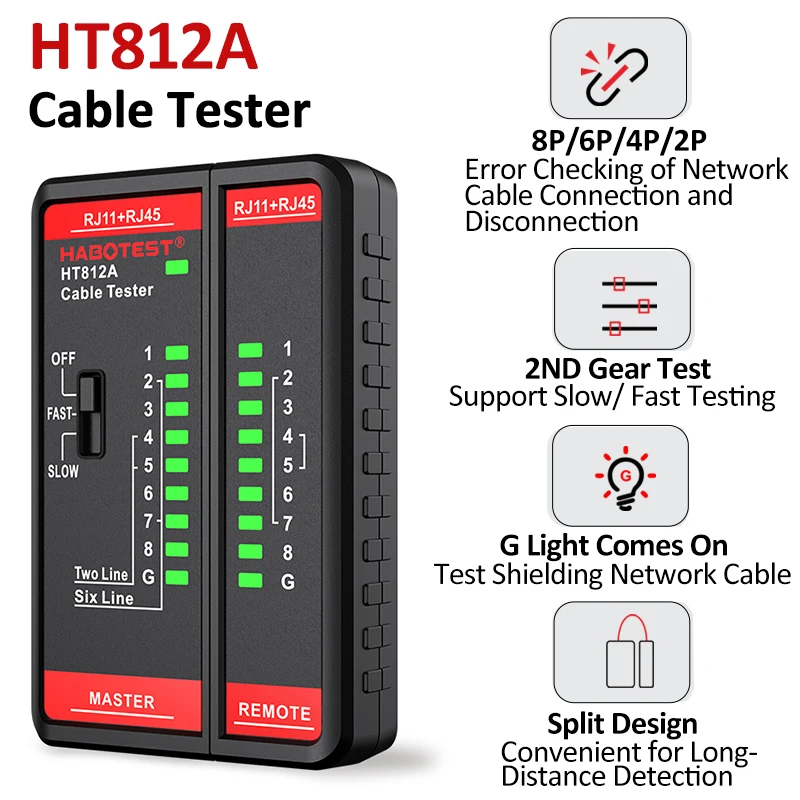 HT812A RJ45 RJ11 Network Cable Tester 8P/6P/4P/2P Cable LAN Tester Dual-use Tester LED Status Display NC/HDMI Repair