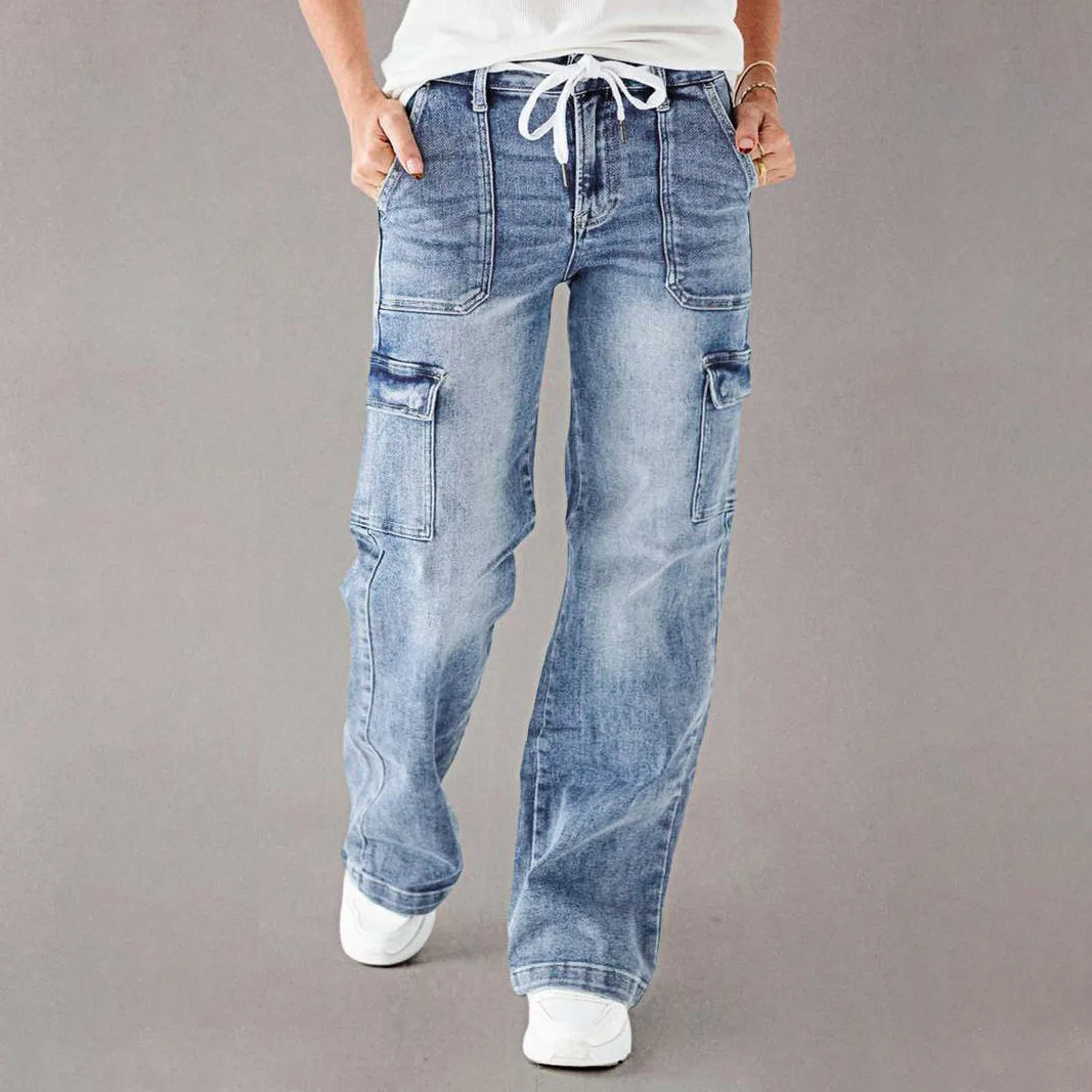 Calças de brim calças de carga feminina streetwear denims lavado angustiado cordão rendas até vários bolsos 2024 outono calças retas