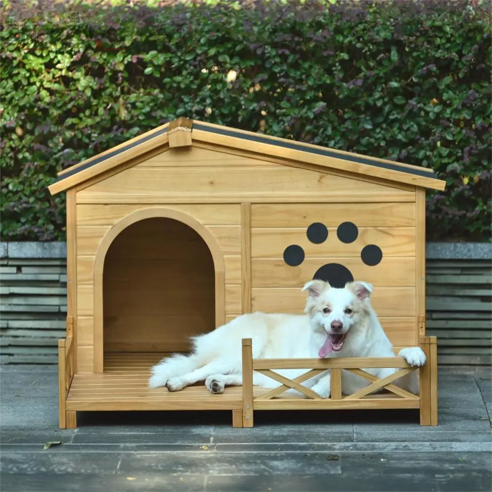 

48" Wooden Dog House Outdoor with Porch, dog Kennel with Water-Resistant Asphalt Roof and Fencing,Indoor & Outdoor Dogs Crate
