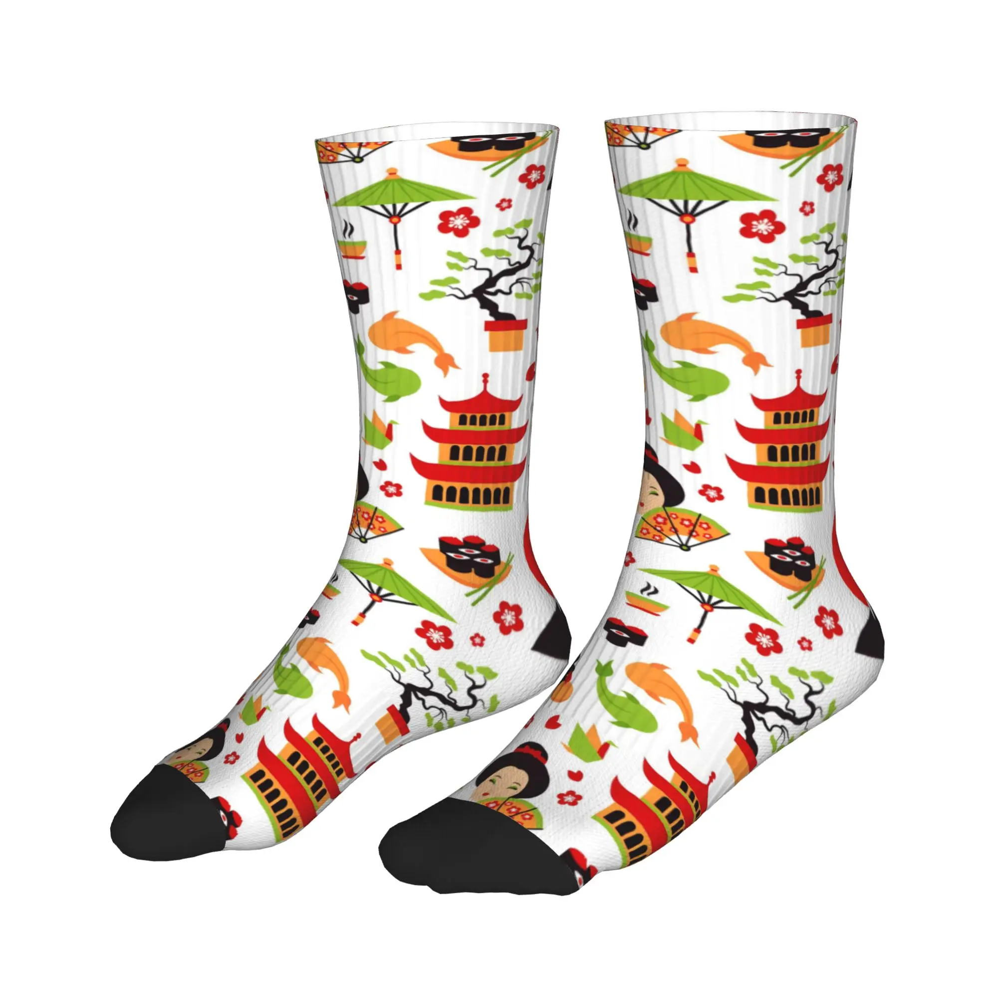 Cool Men's White Japanese Geisha Lucky Cat Dress Socks Unisex Warm Comfortable 3D Print  Crew Socks view 3