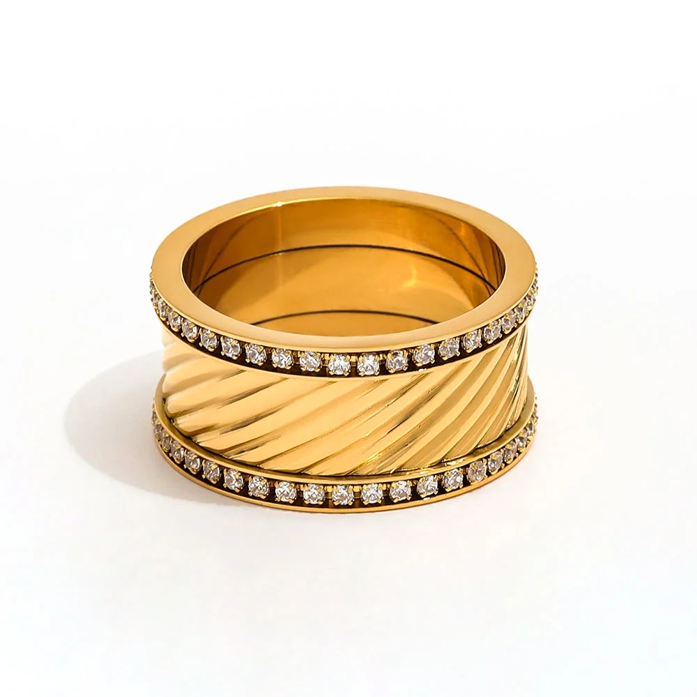 

Joolim Jewelry Wholesale High End PVD Waterproof Fashion Chunky Double Layer Zirconia Band Stainless Steel Ring For Women