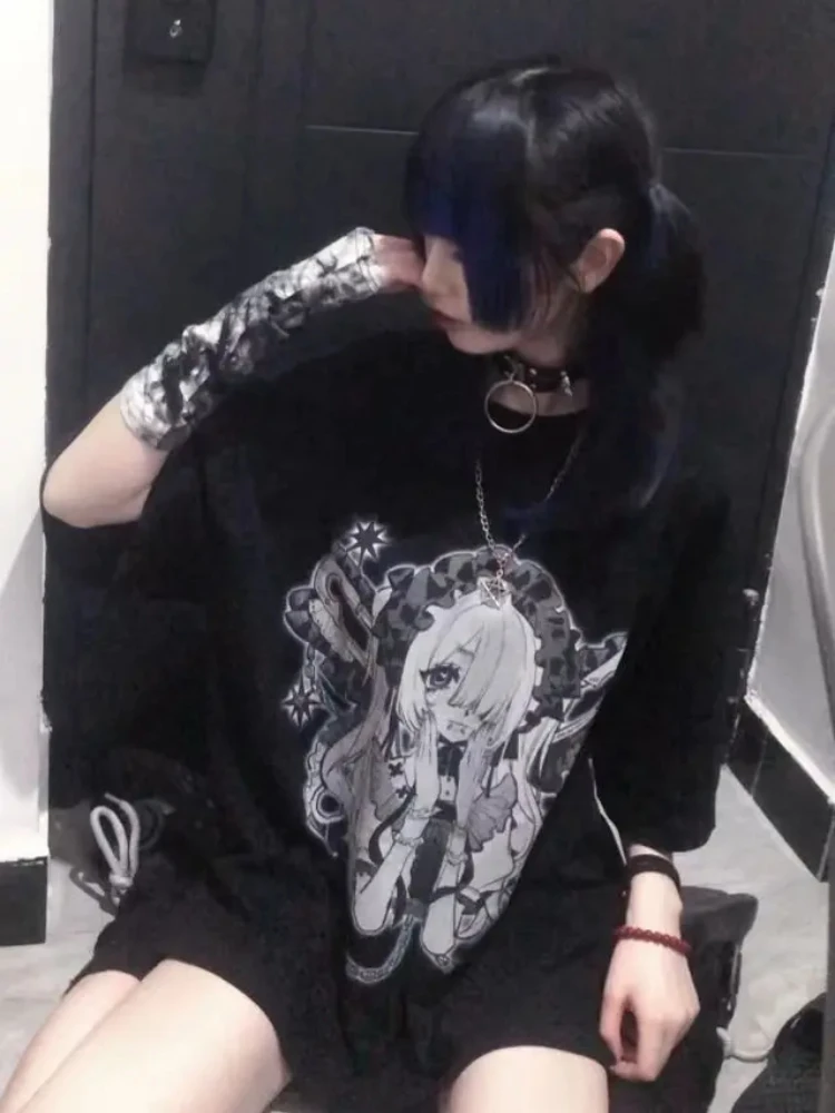 Harajuku Kawaii T-Shirt Women Sweet Japanese Gothic Subculture Loose Letter School Student Tees Long Sleeve Top Spring Outwear