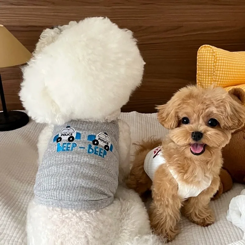 

White Teddy Camisole Small Car Print Dog Clothes Cat Pet Summer Vest Poodle Soft Pullover Maltese Short T-Shirt