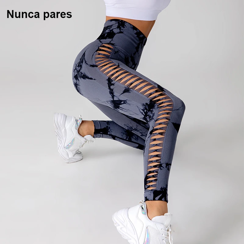 Tie Dye Hollow Out Tummy Control Sports Leggings Women Seamless Workout Tights  Running Fitness High Waist Yoga Pants