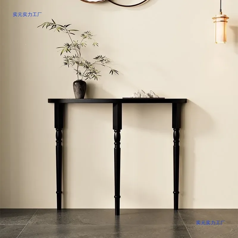 for French Light Luxury Solid Wood Entrance Table Black Semi Round Wall Mounted Console for Corridor Display Stand Minimalist