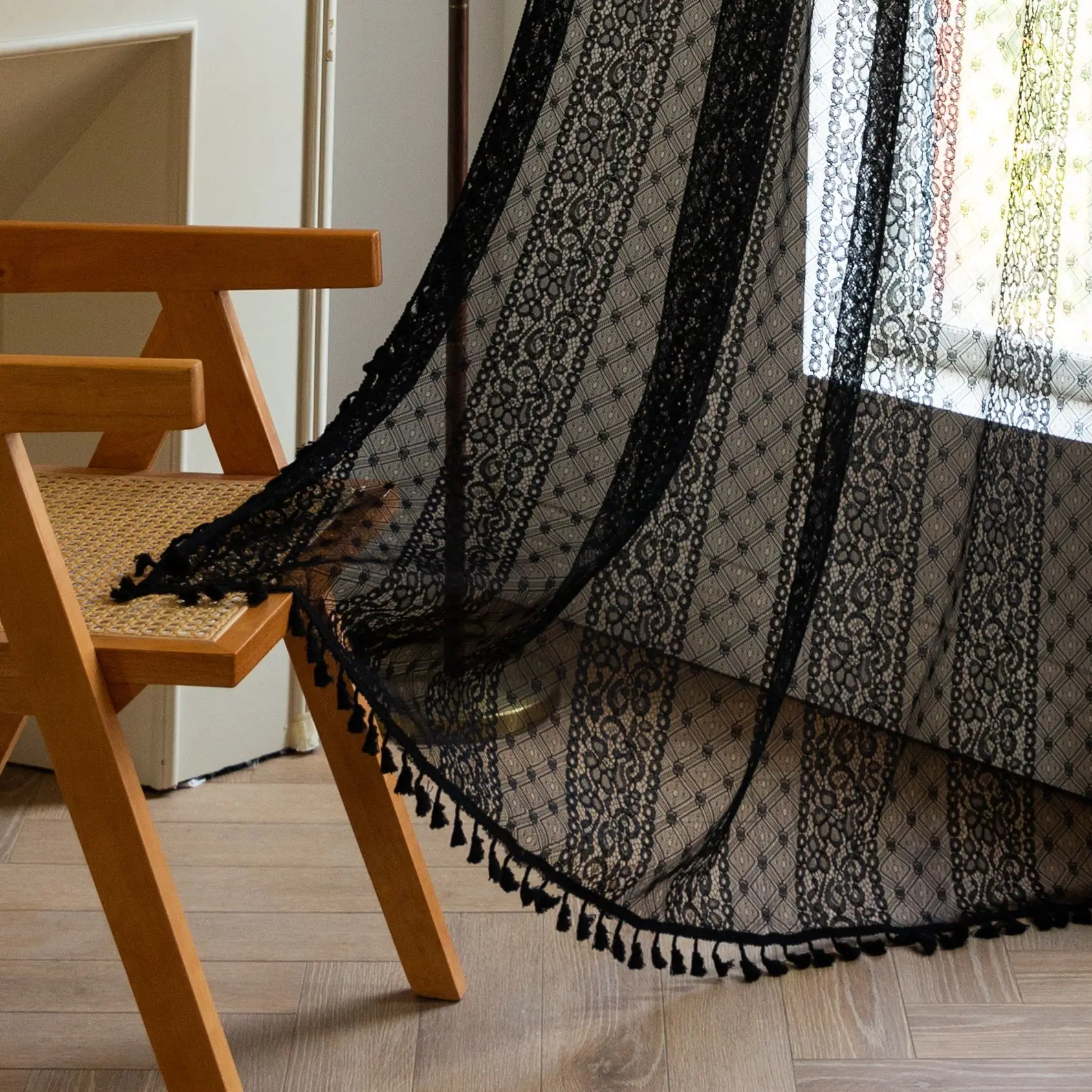 Boho Curtains Geometric Semi-Sheer Hollow Out Knitted Curtain for Living Room,Vintage Bohemian Light Filtering Rod Pocket Drapes