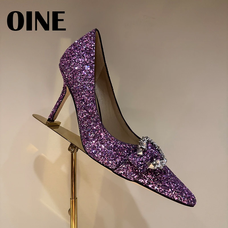 

OINE Best Quality High Heeled Shoes Designer Shoes Classic Pointed Toe Metal Crystal Sequined Shallow Casual Shoes For Women