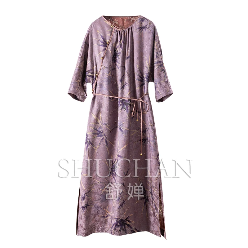 

Elegant purple rhyme heavy silk fragrant cloud yarn seven-quarter sleeve waist dress women's 82A8