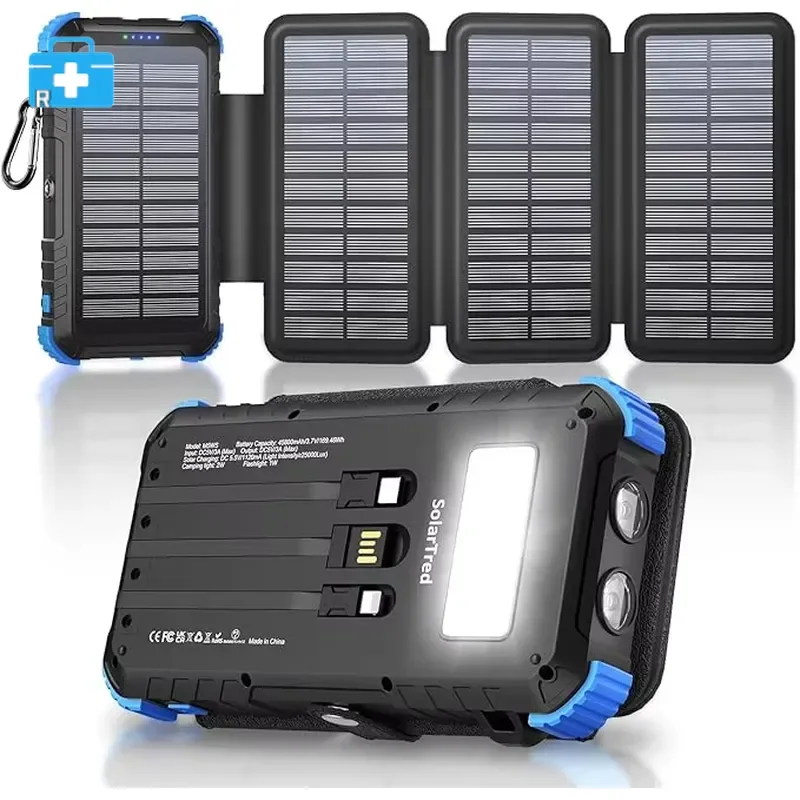 pack of 2，Solar mobile power supply 2000mAh 4 panels, waterproof ABS material, high capacity, portable, built-in 3 cables 15W