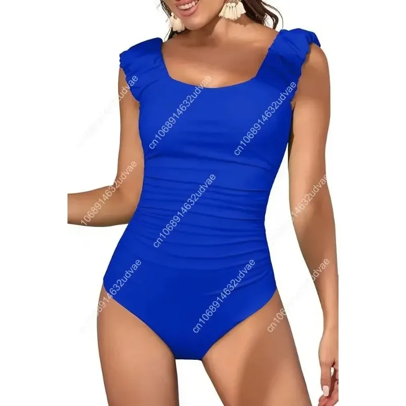 B2prity Womens One Piece Swimsuit Retro Square Neck Tummy Control Bathing Suits Ruched Modest Full Coverage Swimwear