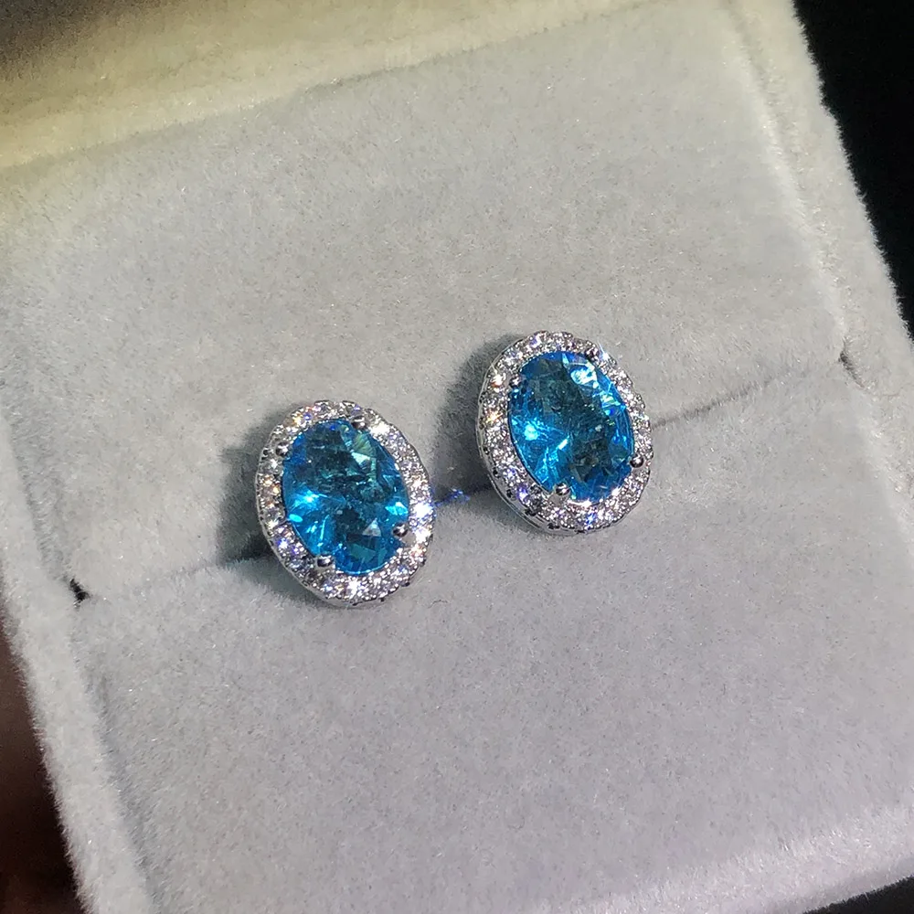 Fashion Jewelry Egg Shaped Blue Crystal Stud Earrings For Women Sparkle Zirconia Silver Color Engagement Wedding Gift E009