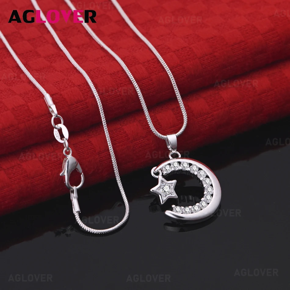 

AGLOVER 925 Sterling Silver Star And Moon Inlaid Zircon Pendant Necklace Daily Accessories Women'S Simple And Elegant Jewelry