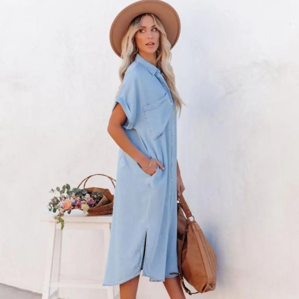 Solid Color Denim Dress European American Fashion Mid-Length Short Sleeve Split Shirt Dress for Women