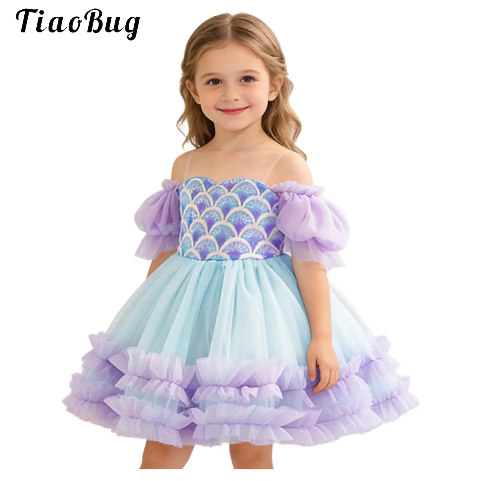 

Kid Girls Mermaid Dress Sequins Fish Scale Off Shoulder Puff-sleeve Princess Tutu Dress Birthday Party Halloween Mermaid Costume