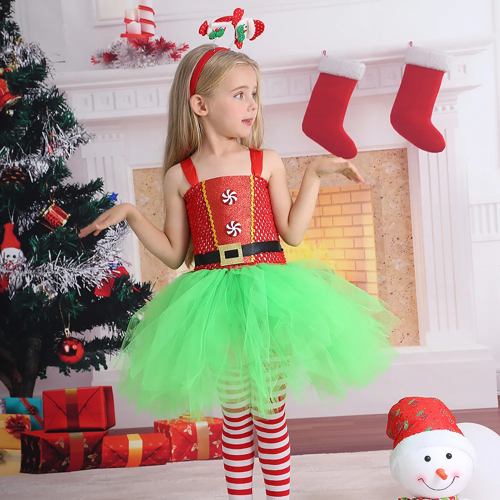 Girls Fancy Christmas Elf Costume Baby Birthday Party Stage Performance Costume Red Green Mesh Tutu Dress Kids Cosplay Costumes