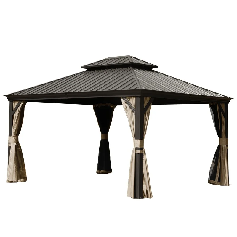 

10x14 ft Hardtop Gazebo with Galvanized Steel Roof, Aluminum Frame, Curtains, and Mesh for Patio or Garden, Brown