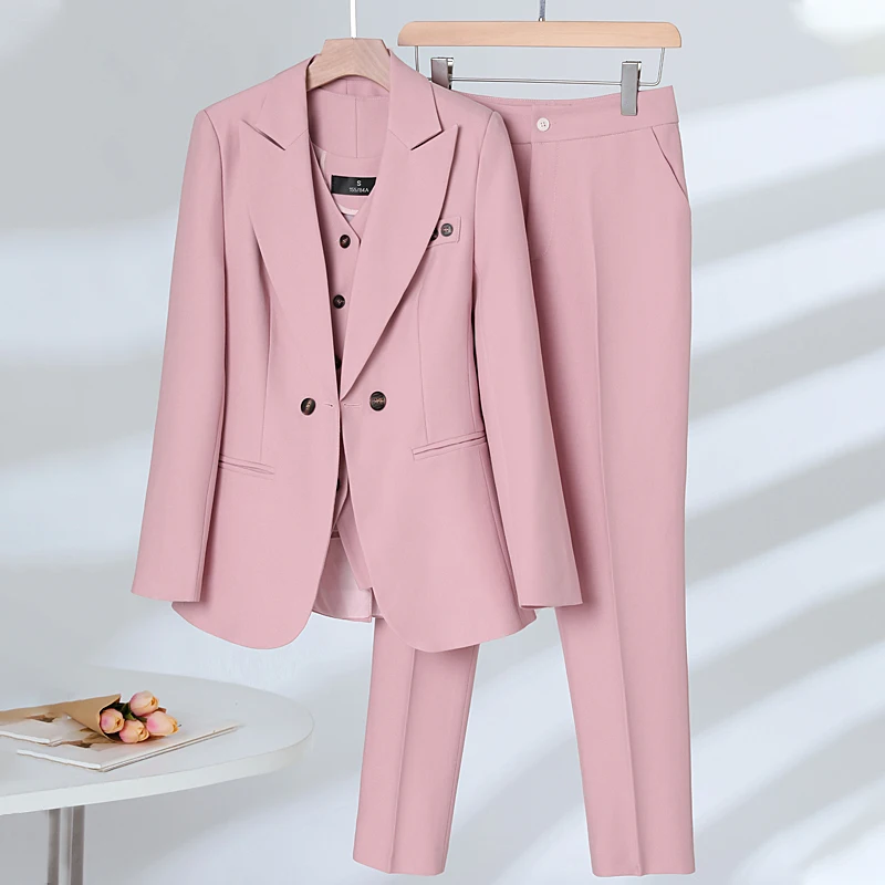 Pink Suits Women High End Autumn New Fashion Temperament Business Formal Slim Blazer And Pants Office Ladies Work Wear Apricot