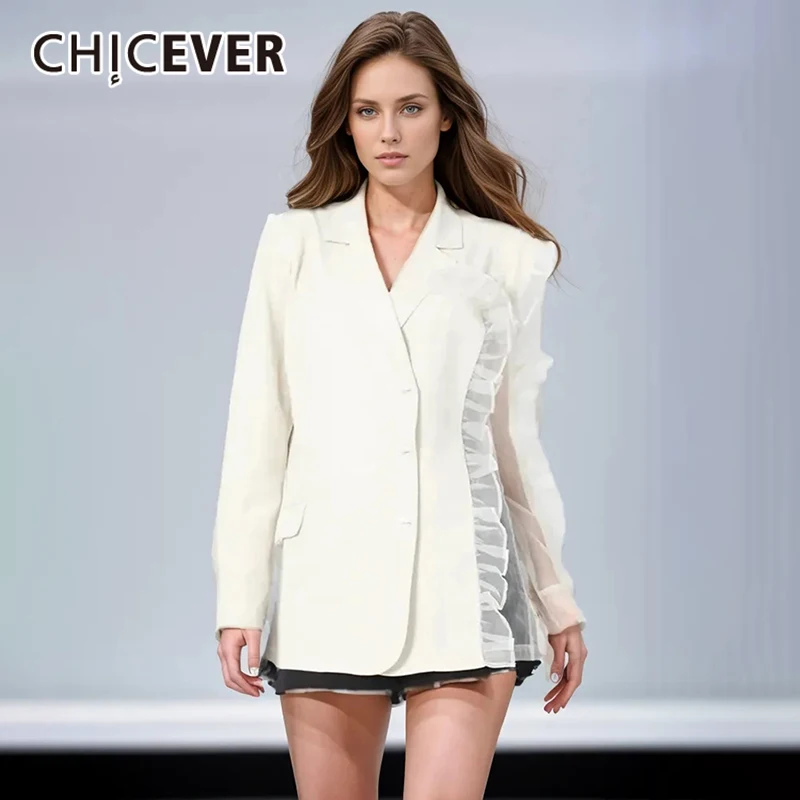 

CHICEVER Spliced Mesh Fashion Blazers For Women Notched Collar Long Sleeve Single Breasted Casual Chic Blazer Female Spring New