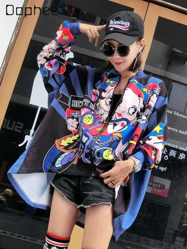 Street Style Cartoon Printed Irregular Front Short Back Length Thin Coats Women 2024 Spring Loose Cardigan Coat Fashion Shirt