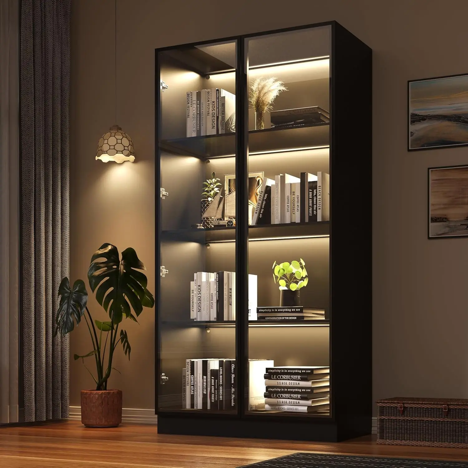 

Wooden Display Storage Cabinet with Glass Door, LED Lights,Showcase for Collections, Perfume, Vinyl Albums,, Customized