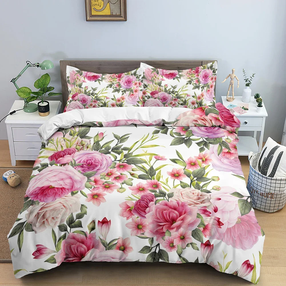 Floral King Queen Duvet Cover Fuchsia White Flower Bedding Set for Girl Women Colorful Plant Leaves 2/3pcs Polyester Quilt Cover