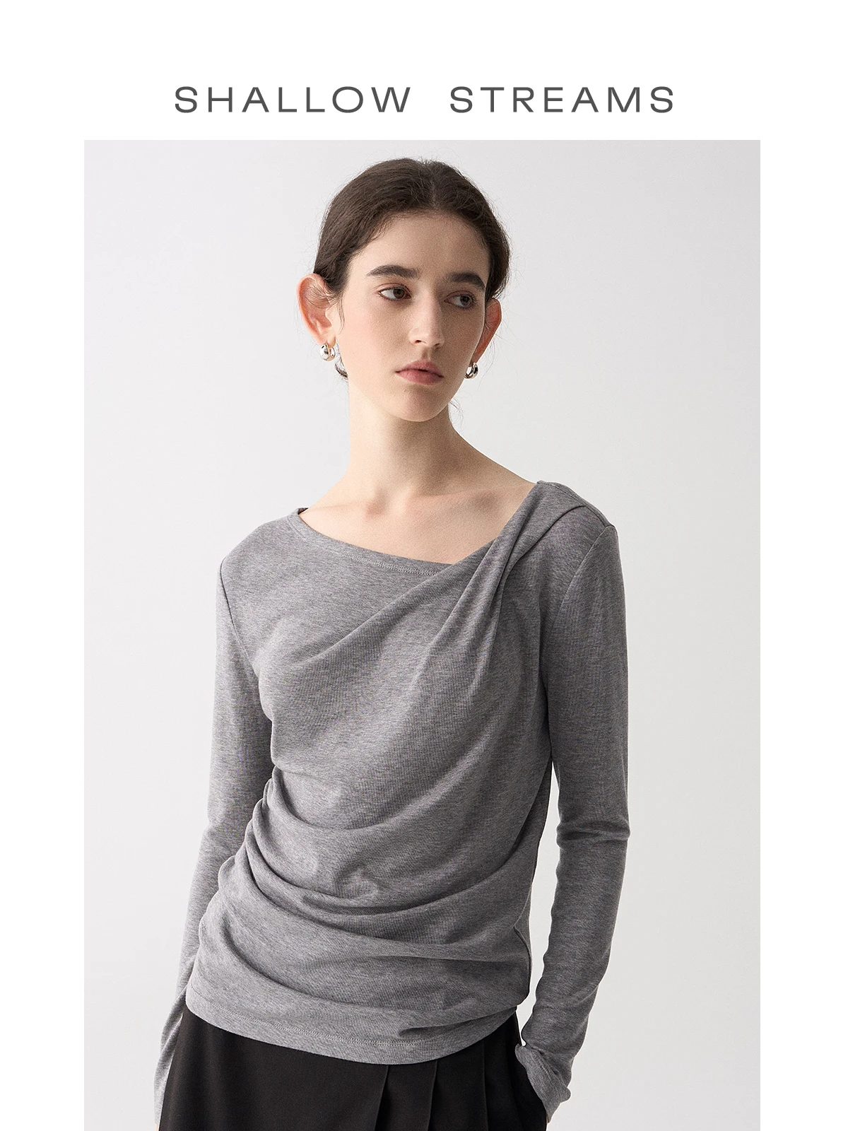 

Shallow Streams Long Sleeve Wool Silk Women's T-shirt Loose Design Casual Style Pure Color Slim Fit Elegant Top