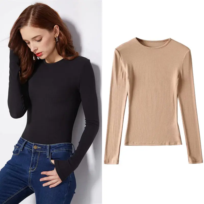 

Pure Color Small round Ne Elastic Spring Autumn Women's irt Slim Fit Long Sve Inner Wear Multi Functional Close Fit