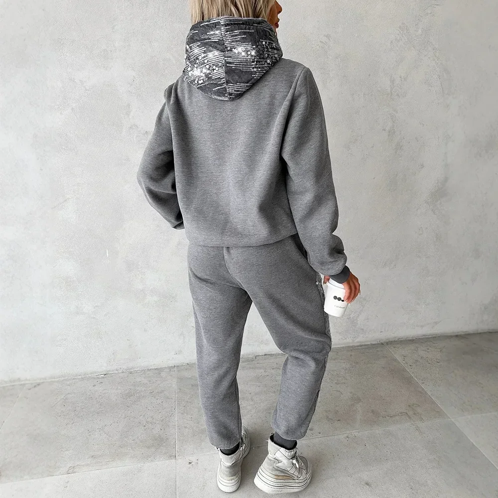 Contrast Sequin Hooded Sweatshirt & Pocket Design Sweatpants Set Women Autumn Winter 2pcs Clothes Suit