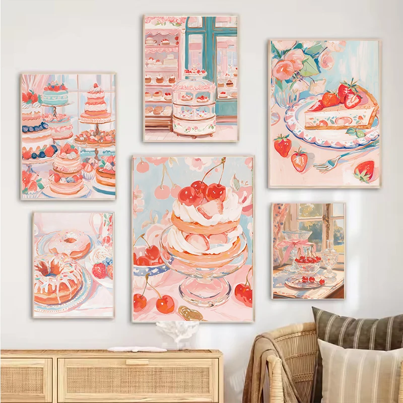 Póster con estampado de magdalenas y galletas de cereza, pastel de fresa rosa, cuadro sobre lienzo para pared de panadería, imágenes, decoración para el hogar y la cocina, regalo