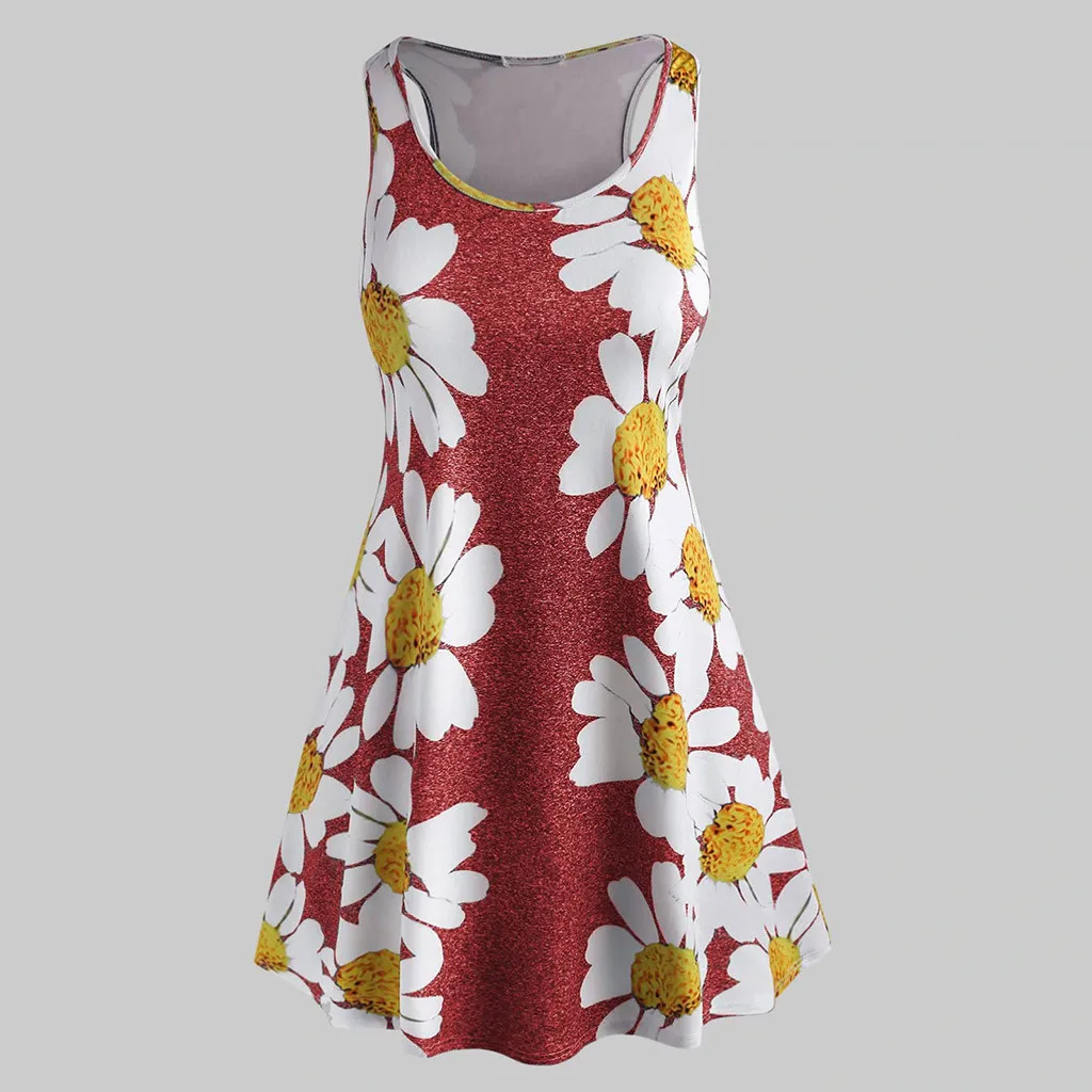 Women's Ladies Floral Print Sleeveless O-Collar Mini Dress Womens Dress Summer