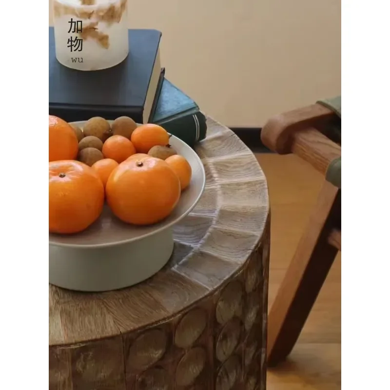 For Nordic Retro Oak Carved Round Pier Coffee Table Solid Wood Block Center Table Living Room Furniture Minimalist