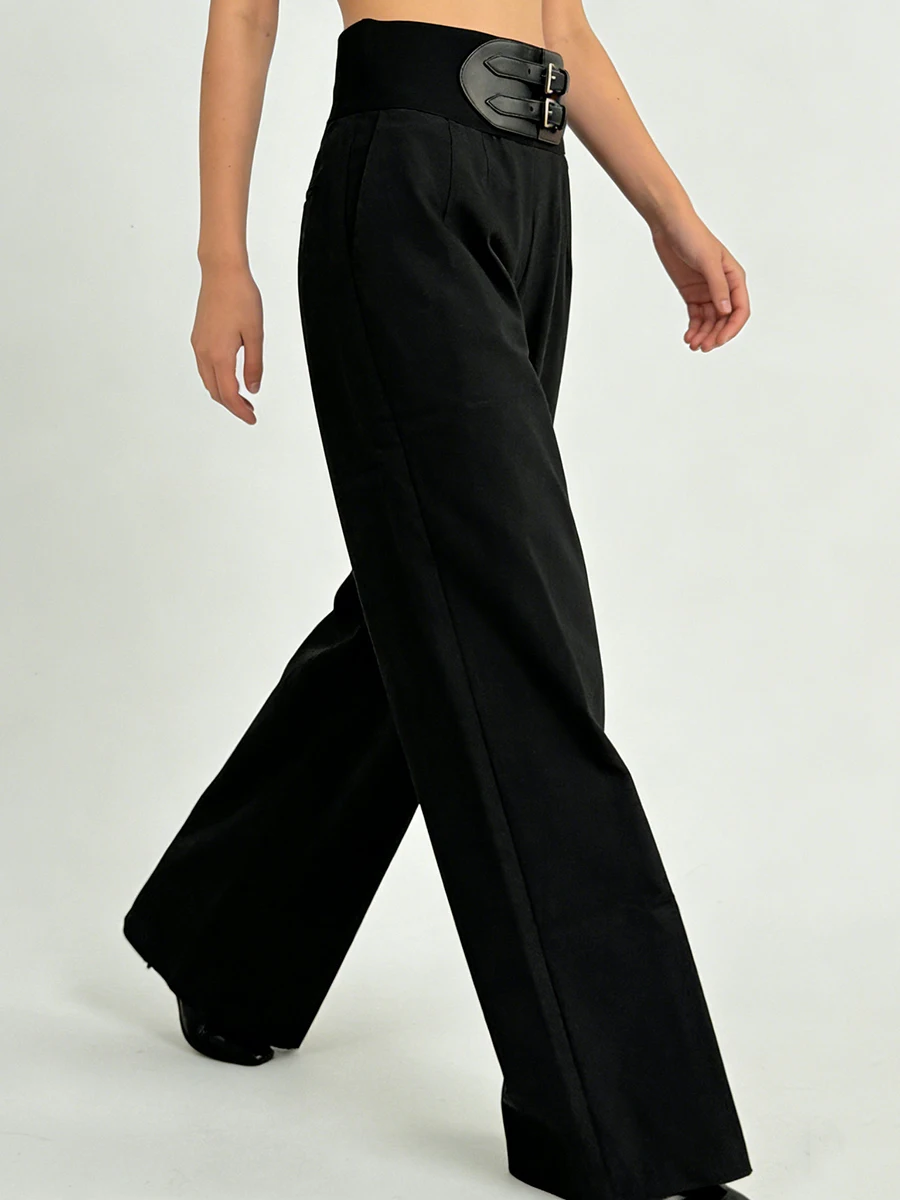 TWOTWINSTYLE Chic Stylish Daily Black High Waist Wide Leg Pant for Women Double Buckle Waist Accent for Office Business Meetings