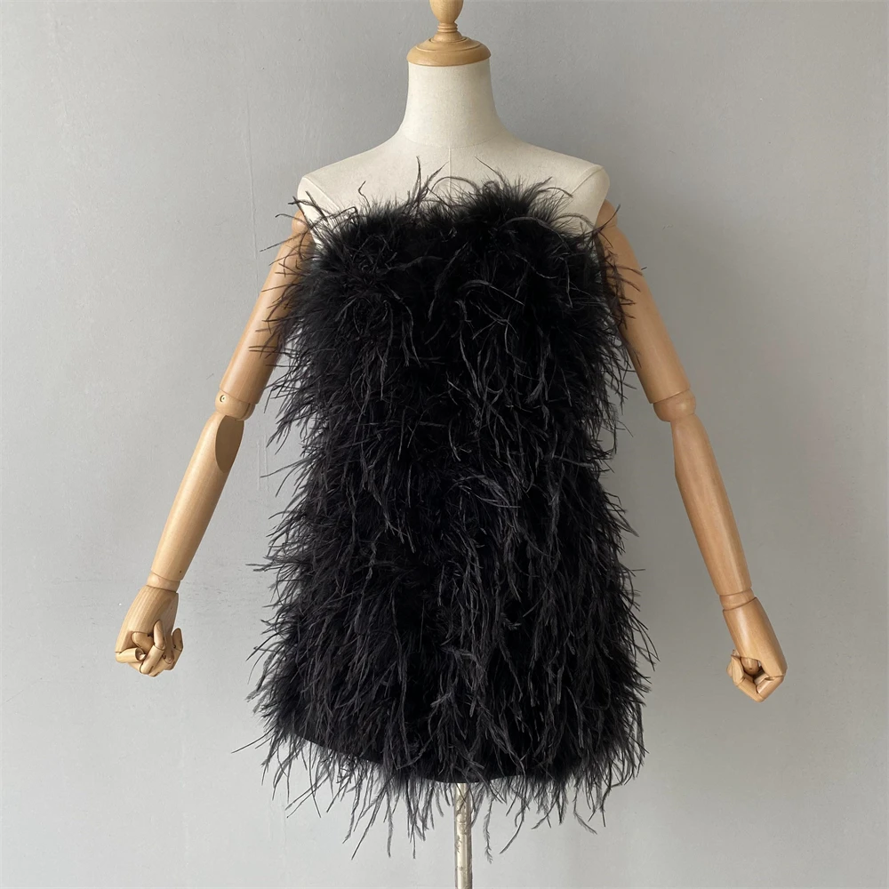 Jaxmonoy 100 % Straußenfedern Mini-Cocktailkleider, sexy trägerloses kurzes Ballkleid, Hochzeit, Geburtstag, Party, elegantes Kleid, 2025, Neu
