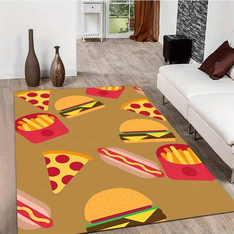 Funny Fast Food Doormat, Cartoon Burger Pizza Floor Rug, Non-Slip Welcome Mat for Kitchen Entryway Home Decor Gift