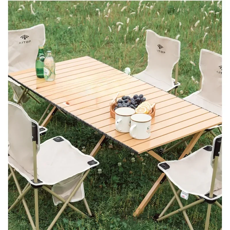 Portable Wood Grain Egg Roll Table Carbon Steel Alloy Picnic Table Camping Full Set Instrument