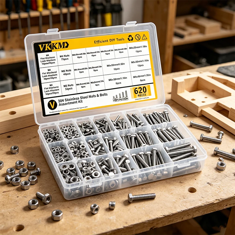 VKKM 620Pcs M4 M5 M6 Stainless Steel Bolt and Nut Kit, 304 Hex Head Screws with Flat & Lock Washers, Corrosion Resistant Hardware for DIY Repair