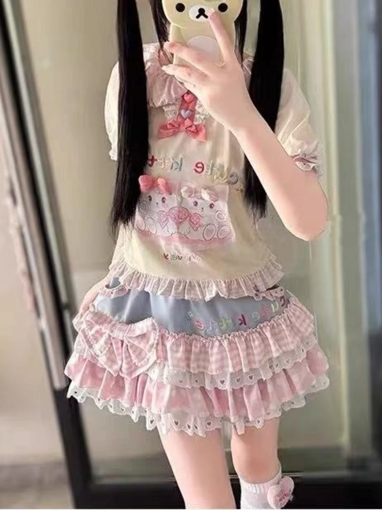 日本の女子大生風JK可愛いツーピースセット レディース レースパッチワークトップス＋ショートケーキスカート 新ファッション カワイイ原宿サマースーツ