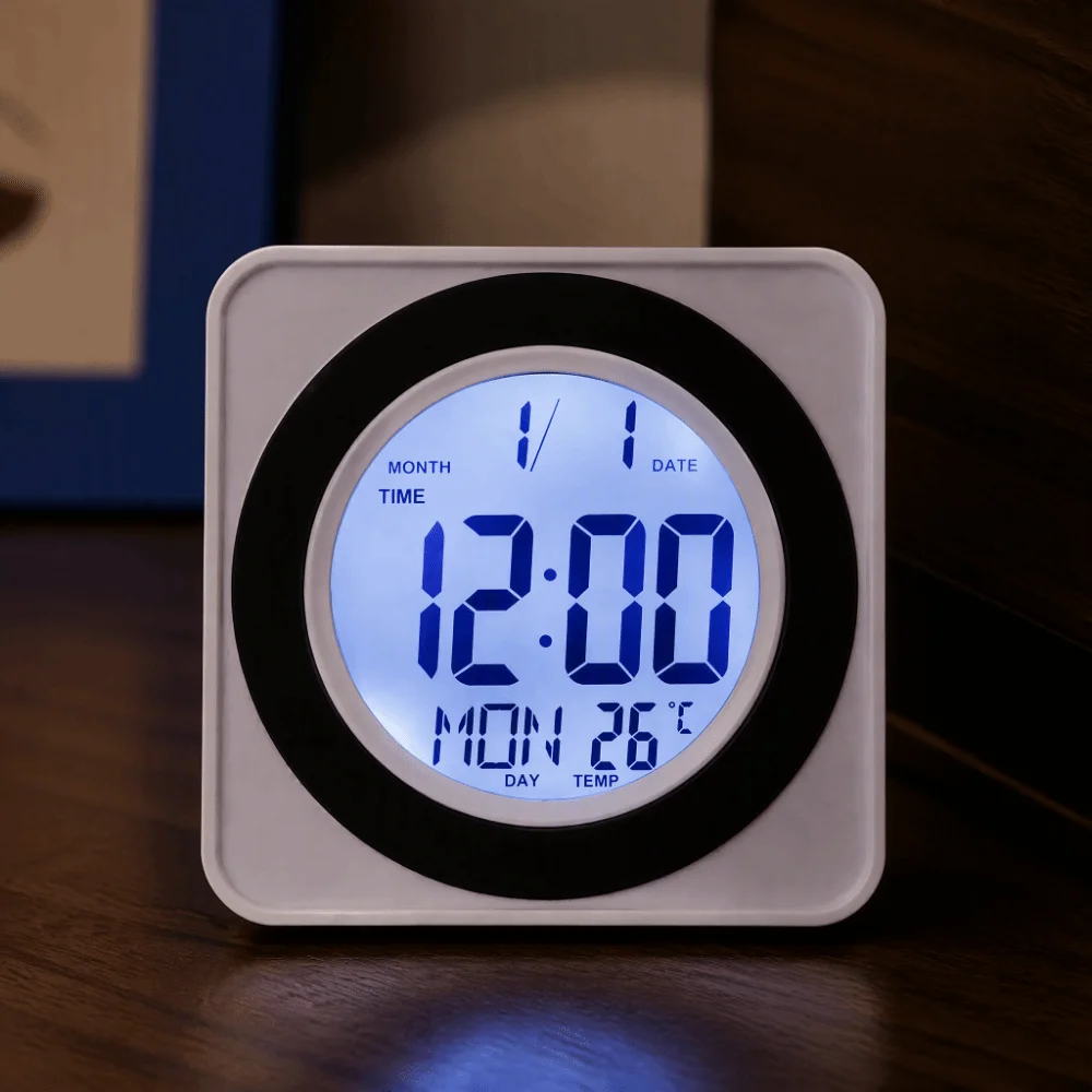 ABS Voice Control Clock Temperature Display Calendar Display Digital Electronic Clock White Color LCD Screen Squared Alarm Clock