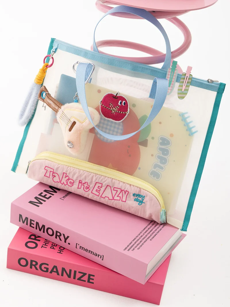 

2025 New Handheld Multi-Functional Pocket Folders School Tablet Data Transparent Mesh File Storage Bags Pen Bag 2-In-1 Type