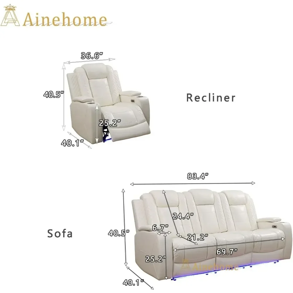 Power Leather Recliner Sofa Set, Reclining Sofa and Loveseat with USB Port/Storage Console, Recliner Sectional Couches Couch