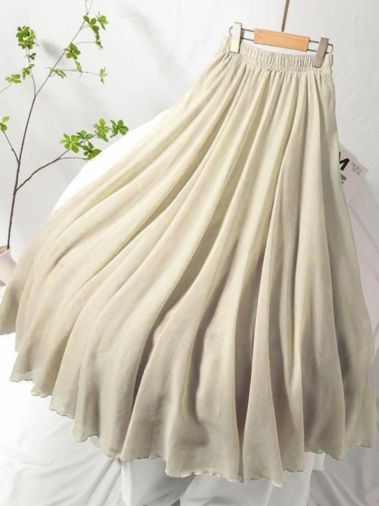 Summer New Women High Quality Cotton Linen Maxi Skirt Casual Elastic High Waist Pleated A-Line Female Beach Skirts