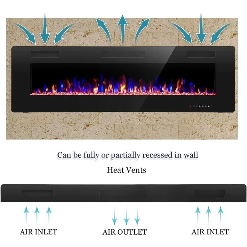 R.W.FLAME 60" Recessed and Wall Mounted Electric Fireplace, Low Noise, Remote Control with Timer, Touch Screen