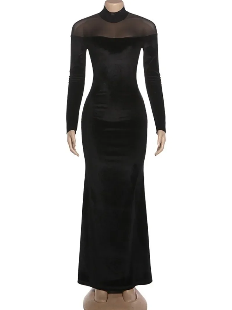 Elegant Sexy Full Sleeve See-through Long Maxi Dress for Women Mesh Patchwork Bodycon Black Evening Dresses Wedding Party Gowns