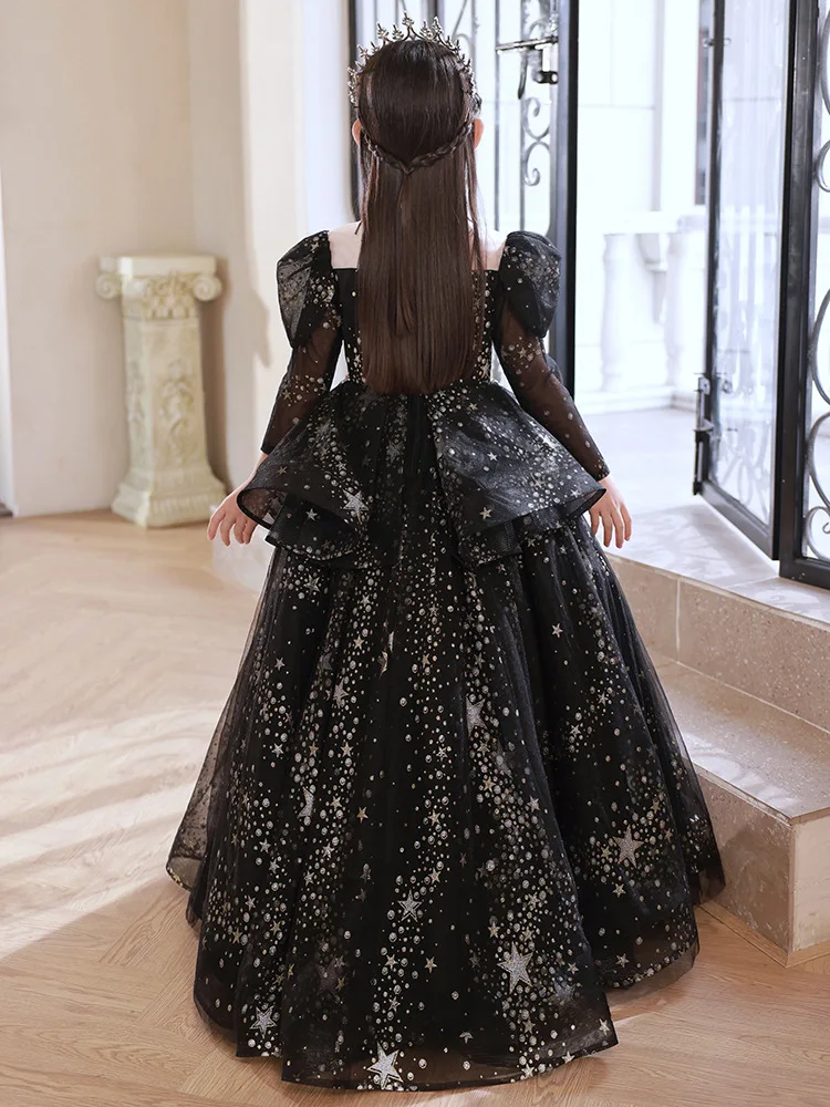 Flower Girl Wedding Ball Dresses New 2025 Black Girls Dress Long Birthday High Collar Sequined Tutu Performance Gowns Customized