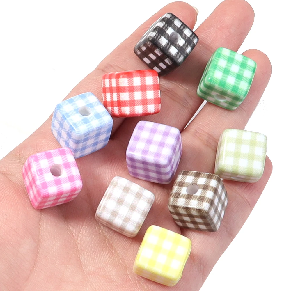 10 stücke Klassische Plaid Cube Acryl Perlen Bunte Quadratische Perlen Lose Perlen Für Schmuck Machen DIY Halskette Armband Zubehör
