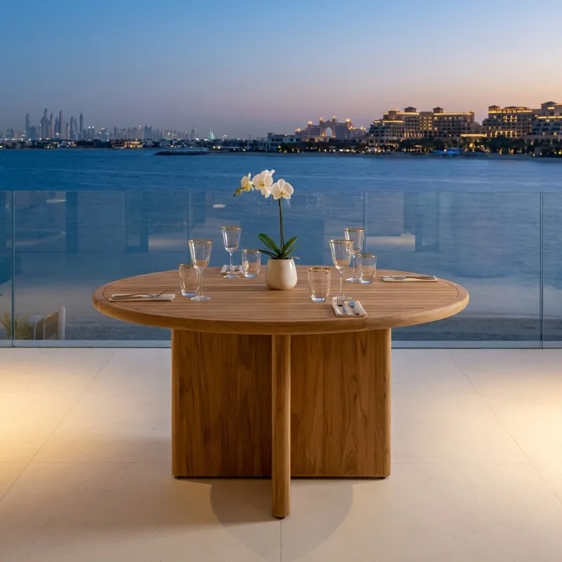 Modern Outdoor Round South American Teak Dining Table Commercial Grade Weatherproof Social Table for Hotel & Resort Projects